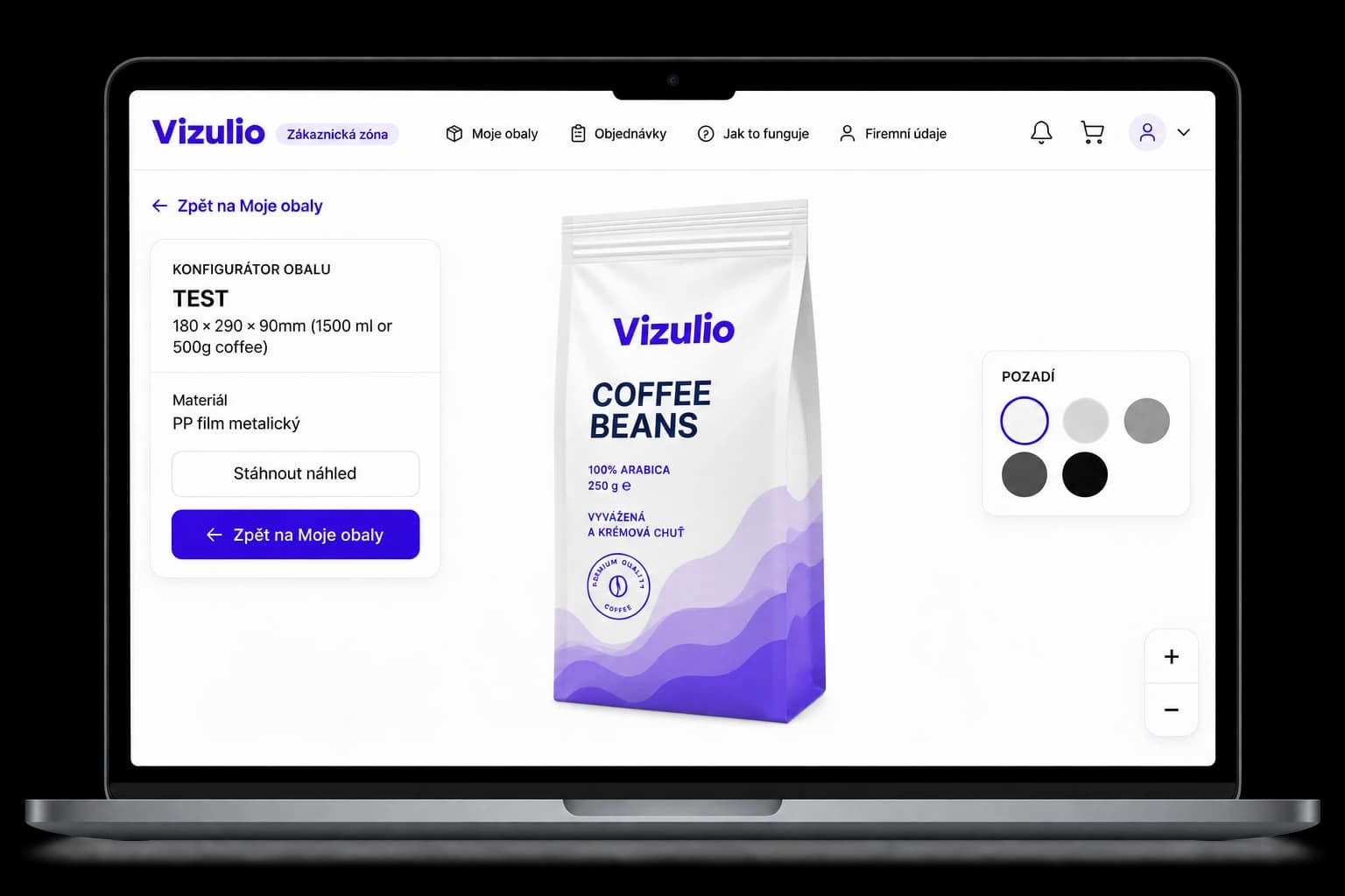 Konfigurátor Vizulio na počítači s 3D náhledem doypack sáčku