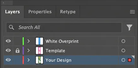 Panel Vrstvy v Adobe Illustratoru se třemi vrstvami shora: White Overprint, Template a Your Design